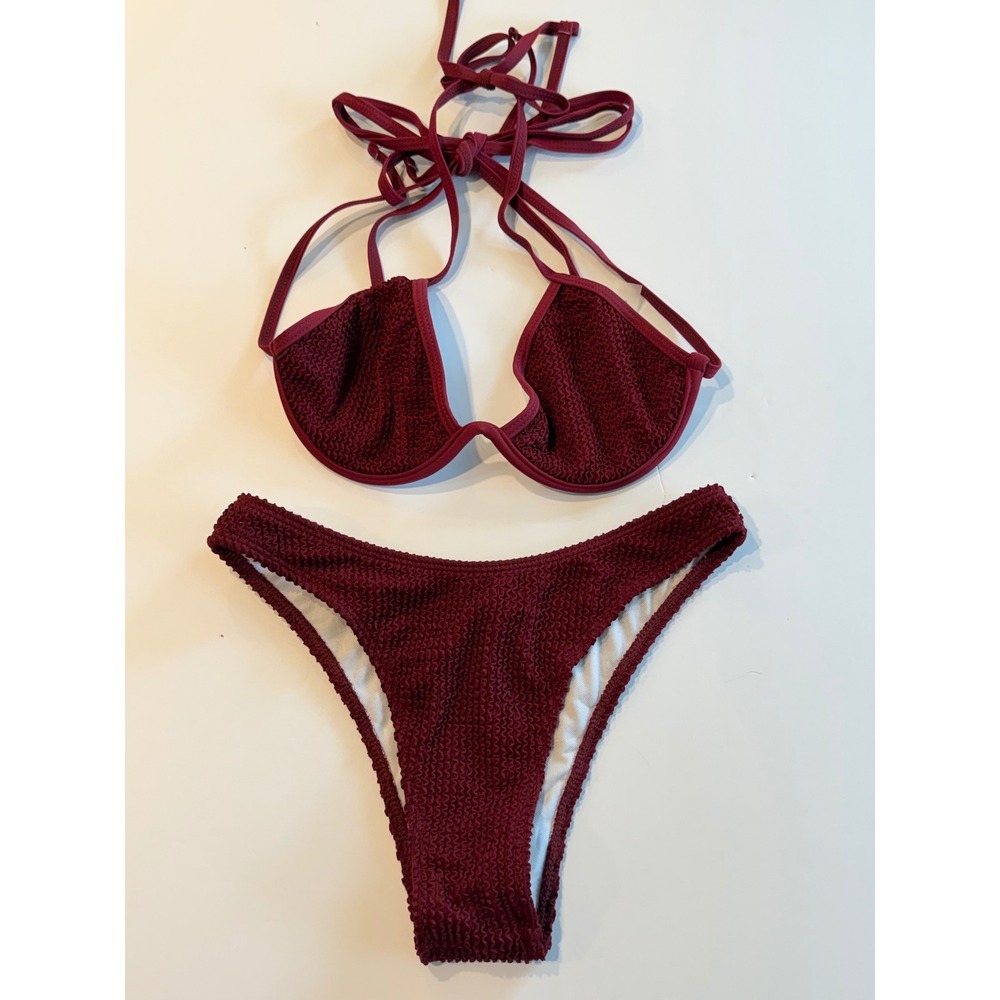 Burgundy Smocked Underwire Bikini Set High Cut Cheeky Two Piece Swimsuit Small‎